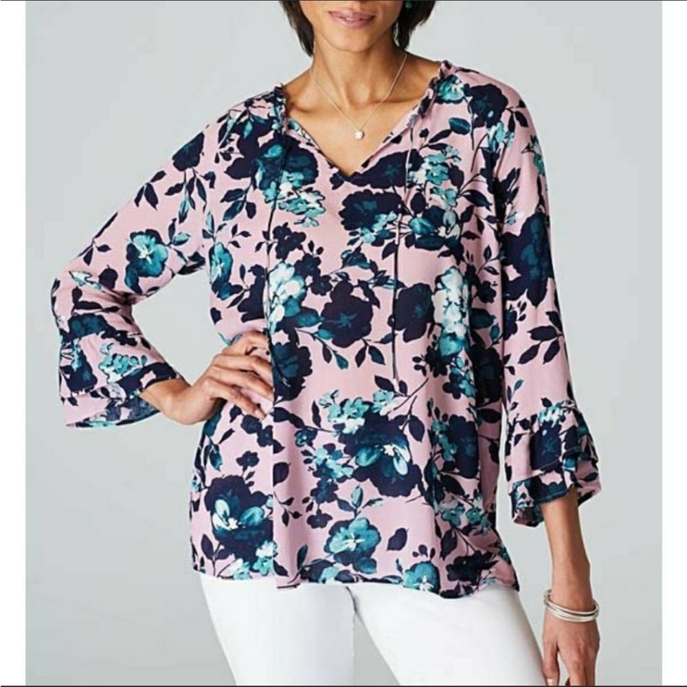 J. Jill Lavender/Pink and Blue Floral Ruffle Peasant Blouse with 3/4 sleeves